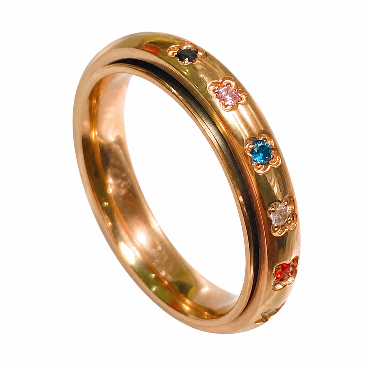 Rose Gold Plated Multicolor CZ Spinner Ring – Medium